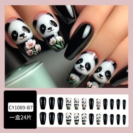 Panda Press on Nails Medium Square Fake Nails with Flower Designs Full Cover Glossy Black False Nails Spring Stick on Nails Leaf Cute Reusable Summer Glue on Nails for Women Girls Manicure 24Pcs