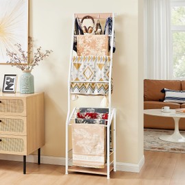 Pinzoveco Blanket Ladder, 7 Tier Blanket Ladders for The Living Room,Wooden Ladder Shelf with Hooks, 5.5ft Blanket Holder Rack Farmhouse Ladder Rack for Storage and Home Decor (White)