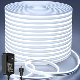 Lamomo Neon LED Rope Light 32.8ft, White LED Strip Lights 1.96in/Cut, 6000K Waterproof Flexible Silicone 24V Led Strip for DIY Neon Sign Bedroom Indoor Outdoor Decor（Power Adapter Included）