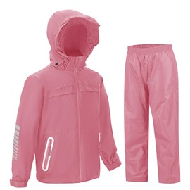 SWISSWELL Girls Rain Suit Waterproof Youth Rain Gear and Girl Rain Pants Breathable Reflective with Hood Pink 8-10 Years