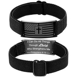 American Flag Cross Bracelet for boys Men Adjustable Christian Scripture Bracelets Engraved Bible Verses Inspirational Messages Religious Jewelry Gift Philippians 4:13 Graduation Gifts for Him 2025