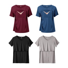 Rnxrbb 4 Pack Nursing Tops for Breastfeeding Summer Short Sleeve T Shirts V Neck Postpartum Clothes,Black&Gray&Purple red&Deep Blue 2XL