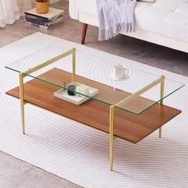 LumFurn Rectangle Coffee Table, Mid-Century Modern Design, L41 W21 x H17, for Living Room, 2-Tier Structure, Clear Glass Top and Walnut MDF Shelf, Sleek Conical Metal Legs with Gold Finish