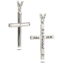 Shields of Strength Men's Stainless Steel Silver Ridge Cross Pendant Necklace John 19:30 Bible Verse Christian Gift Religious Faith