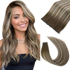 ABH AMAZINGBEAUTY HAIR Genius Weft Hair Extensions Human Hair Sew in Hair Extensions Real Human Hair Weft Extensions 50G, Walnut Brown Highlighted with Platinum Blonde #T3/P3/60, 18 Inch