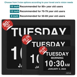 American Lifetime Large Digital Wall Clock for Seniors, Black Polished, 8-Inch High Resolution Display, Easy to Read, Customizable Alarms, Auto-Dimming, Multi-Language Support, Battery Backup