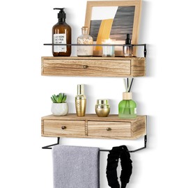 dreampossible Floating Shelves for Wall Storage, Wall Mounted Bathroom Shelf with Drawers Set of 2, Rustic Wood Wall Shelves for Bedroom, Living Room, Kitchen, Wall Decor, Plants, Books (Brown)