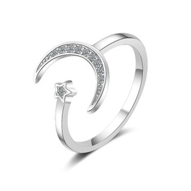 HinDaLi 925 Sterling Silver Rings for Women Girls Star and Moon Rings Silver Fidget Thumb Adjustable Open Ring Cubic Zirconia Women Ring Crystal