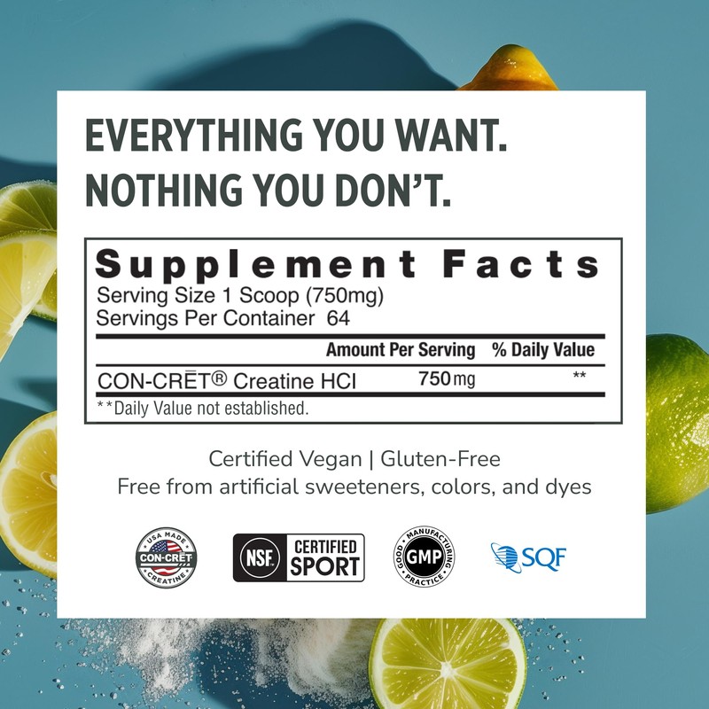 CON-CRET Creatine HCl Powder for Women and Men, Lemon Lime,