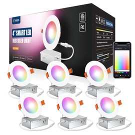 Amico 6 Pack 4 Inch Smart LED Recessed Lighting, WiFi Bluetooth Canless Downlight with Junction Box, RGB & 2700-6500K Color Changing, 10W=70W 800LM, Voice&Remote&Group Control