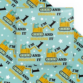WRAPAHOLIC 1st Birthday Wrapping Paper Sheet - 6 Sheets Adorable Dinosaurs Driving Digger Design Folded Flat for Birthday, Party, Baby Showers - 19.7 inch x 27.5 inch Per Sheet