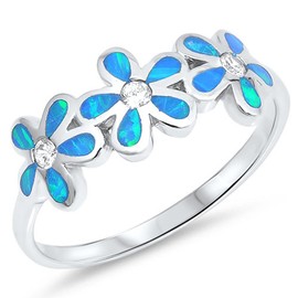 Clear CZ Blue Simulated Opal Plumeria Flower Ring .925 Sterling Silver Band Size 7