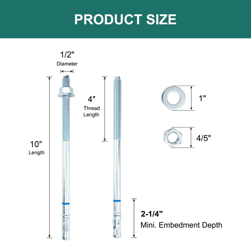 HROMIGRY 1/2" x 10" Concrete Anchors (12 Pack) 1/2 inch
