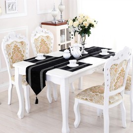 San Tungus Tassels Table Runners with Bilateral Rhinestones Strip for European Modern, 13x72 Inches, Black
