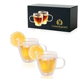 Casademont Double Wall Tea Cup Set of 2 (5.4 oz, 160 ml) Borosilicate Double Insulated Clear Teacups with Handle Small Espresso Cup for Tea, Coffee, Espresso Heatproof Double Walled Glass Tea Cup Set