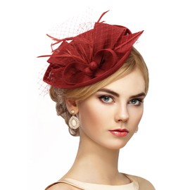 Zinniday Tea Party Hat for Women - 2025 Derby Fascinator with Detachable Headband (7.87 “x5.9” / Head Circumference 21.5“-23.5”) - Lightweight Feather & Polyester Red