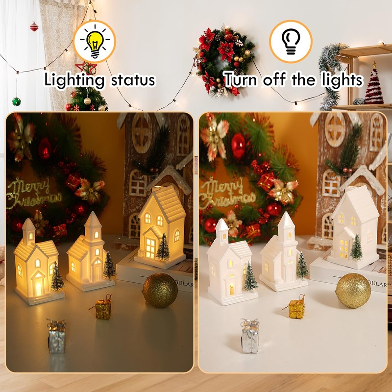 Luxstyra 3 Pcs Light Up Christmas Houses, White Ceramic House