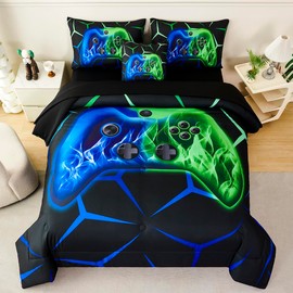 ZSYAYAHA Twin Size Bed in A Bag Set 6 Pieces Kids Gamer Comforter Set Video Games Console Bedding Set for Boys Teens Children Modern Blue and Green Bed Set for Gaming Bedroom(Blue Green, Twin)
