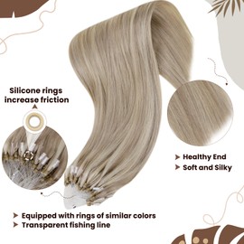 Hetto Blonde Micro Hair Extensions Long Straight Human Hair Micro Extensions Medium Blonde Highlight Micro Link Hair Extensions Real Human Hair Natural 50g 20Inch