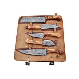 Custom Handmade Damascus Chef Knives Set / Kitchen Knives 5 Pieces Set SS-17306 Black and Yellow Colored Wood (Olive Wood)