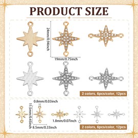 PH PandaHall Pack of 24 18K Gold Plated Star Plug Charms, 2 Styles Star Link Charms, Cubic Zirconia Left Rhinestone Star Connector, 0.8 mm Double Hole Link Pendant for Bracelet, Necklace, Brass