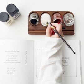 Yushen Upgrade Wooden Tilting Calligraphy Pen Holder with Empty Glass Ink Bottle Container, Calligraphy Oblique Nib Holder Stand Base Set Desktop Tabel Decoration