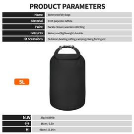 Desoto Waterproof Dry Bag Rucksack Beach Bag Superb Waterproof Bags for Water Sports Boating Canoeing Rafting Camping,Compression Bags for Daily Storage(Black 5L)