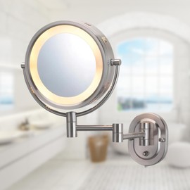 JERDON Wall-Mounted Makeup Mirror with 5X Magnification - Nickel Makeup Mirror with LED Lights - Direct Wire - Model HL65ND