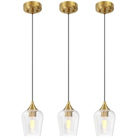 VONLUCE Pendant Lights Kitchen Island, Brushed Gold Pendant Light Fixtures with E26 Base & Adjustable Cable, Modern Pendant Lighting with Glass Shade for Living Room Bedroom Hallway, 3 Packs