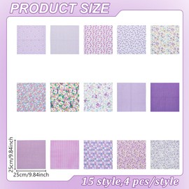 FREEBLOSS 60pcs Cotton Floral Fabric Bundle: 15 Different Patterns, Purple