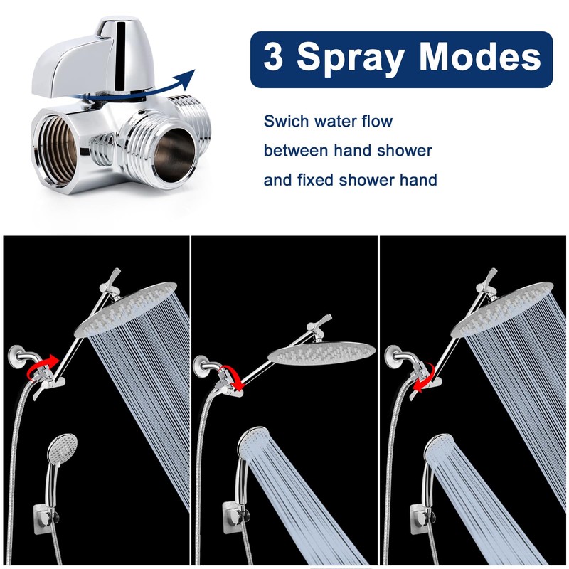 NearMoon Solid Brass G1/2" Shower Arm, 3-Way Diverter Valve for