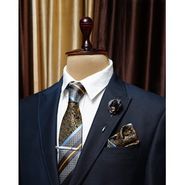 AXLON Gold Striped Ties For Men – Tie Set With Pocket Square Cufflinks Tie Clip Bar & Flower Brooch Pin For Mens (Pack of 5) (AXTS71)