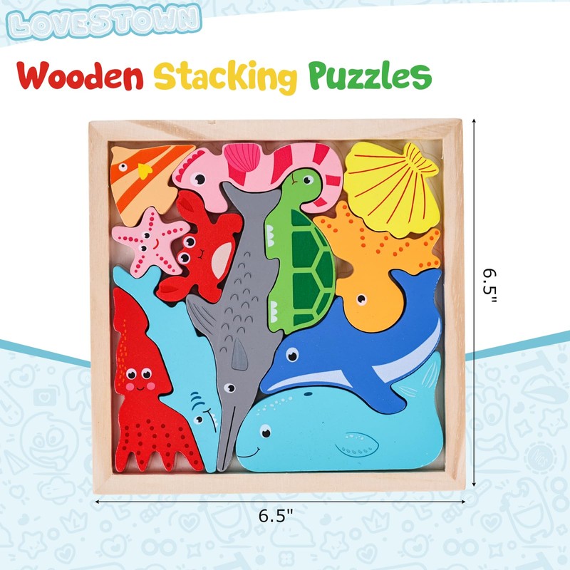 LovesTown 12PCS Wooden Stacking Puzzles, Educational Toys Sea Animal Chunky