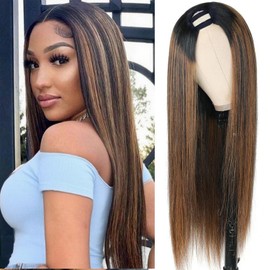 CanaryFly U Part Wigs Human Hair For Women Upgrade FB30 Highlight Ombre Brown U Part Wigs With Drawstring Beginner Friendly No Sew In No Leave Out Glueless U Part Human Hair Wig 180% Density (22inch)