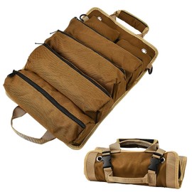 JSCARLIFE Tool Bag Roll Up, Heavy Duty Tool Organizer Portable Tool Storage Bag with 2 Detachable Multi-Pocket Tool Pouch Compact Carrier Bag for Electrician Mechanic, Father Day Dad Gift (Khaki)