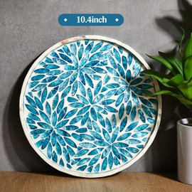 Chunful 10.4 Inch Mother of Pearl Round Serving Tray Wood Coffee Table Tray Home Decor for Tea Breakfast Kitchen Cabinet(Leaf Style)