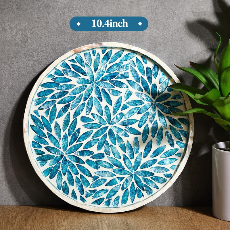 Chunful 10.4 Inch Mother of Pearl Round Serving Tray Wood