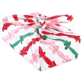 RUSPEPA 26" Reusable Christmas Cloth Wrap, 1 Fabric Wrap with Red and White Santa Sleigh, Reindeer and Pine Tree Design on Natural Cotton, Classic Reusable Gift Wrapping for Holiday, Winter Gifts