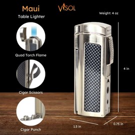 Visol Maui Butane Quad Torch Refillable Gas Table Lighter, Built in Punch, Build in Scissors, Windproof Adjustable Flame Lighter (Shipped Without Butane)