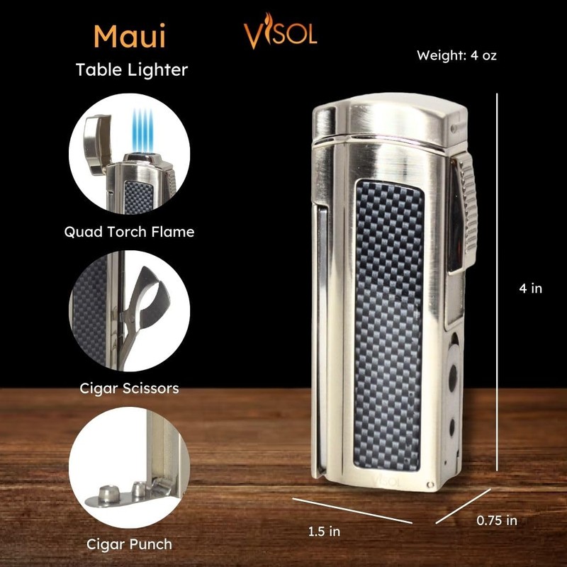 Visol Maui Butane Quad Torch Refillable Gas Table Lighter, Built