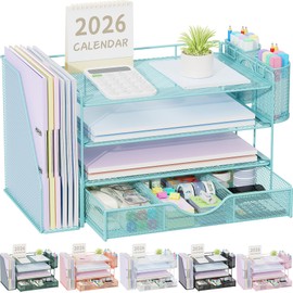 gianotter Desk Organizers and Accessories with File Holder, 4-Tier Desk Accessories & Workspace Organizers with Drawer and 2 Pen Holder, Paper Organizer for Office Supplies (Blue)