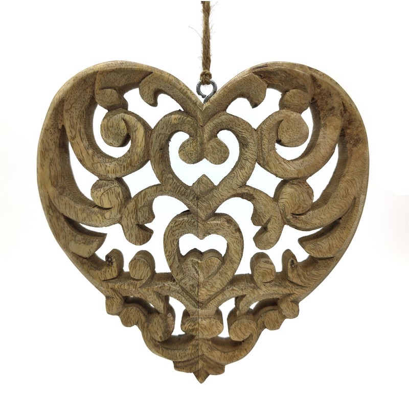 DARO DEKO Wooden Heart Hanger with Ornamental Pattern 20 cm