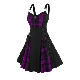 Rosegal Gothic Lace Up Plaid Half Zipper Fit and Flare Gothic Dress(Purple_1/2X)