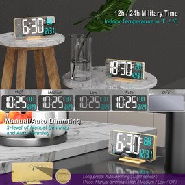 KOSUMOSU Dual Alarm Clock 6.7in Gold Desk Clock with Dimming, 12/24h, Seconds, Date, Day of Week, Temp, Digital LED Clock for Bedroom, Digital Calendar Clocks for Living Room Gold Desk Accessories
