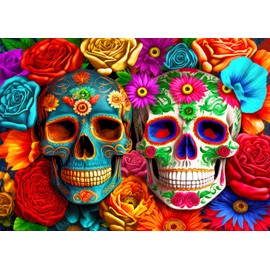 Puzzle 1000 Pieces Adult Puzzle Colourful Tile Game Colourful Flowers Skull Home Decoration