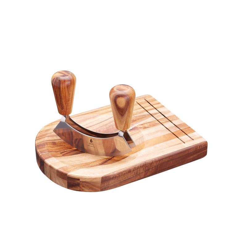 Natural Elements Double Mezzaluna Chopper with Wooden Herb Chopping Board,