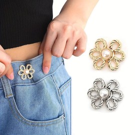 Flower Design Jeans Button, 2/4 Counts No Sewing Required Easy To Install Pant Waist Tightener, Button Pins for Jeans, Sewing Accessories for Women - Color: Silver and gold, Specification: 4 Counts