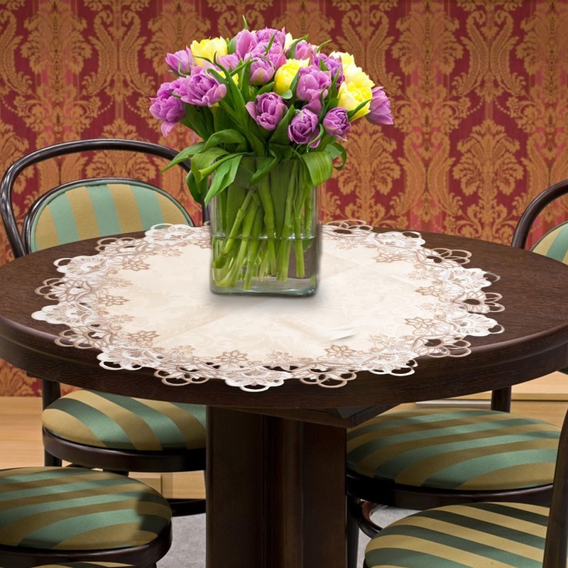 URROMA Linen Round Beige Table Cover with Lace Trim, Coffee
