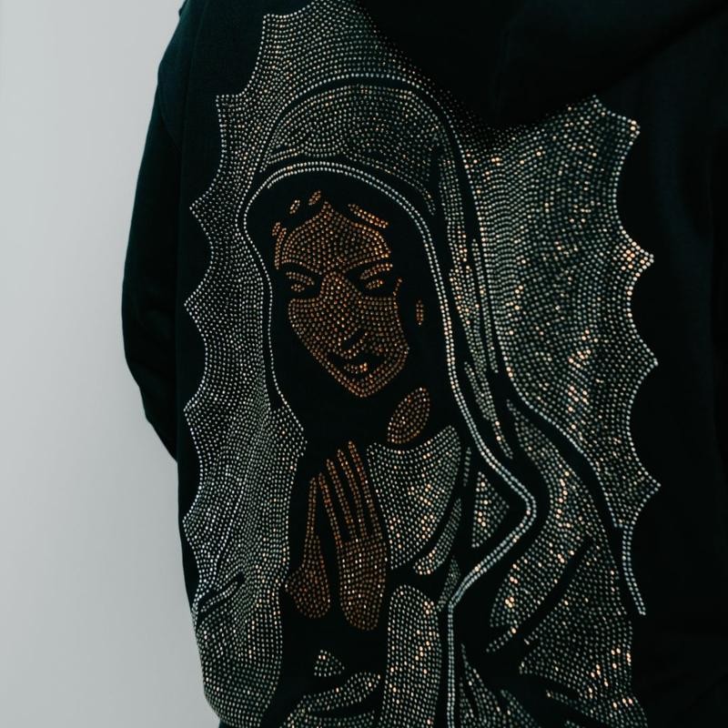 "Virgencita" (Gris) Rhinestone Hoodie - Size: L