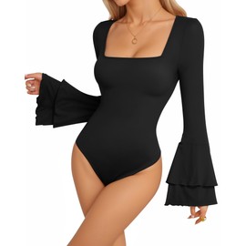 MANGOPOP Bell Sleeve Square Neck Bodysuits for Women Long Sleeve Bodysuit Going Out Tops